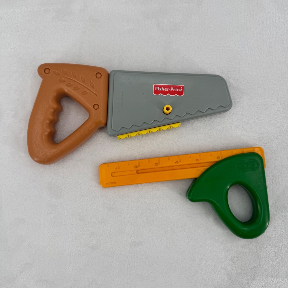 Fisher-Price Little Tikes Vtg Kids Toy Tool Set Moving Hand Saw & Square Ruler